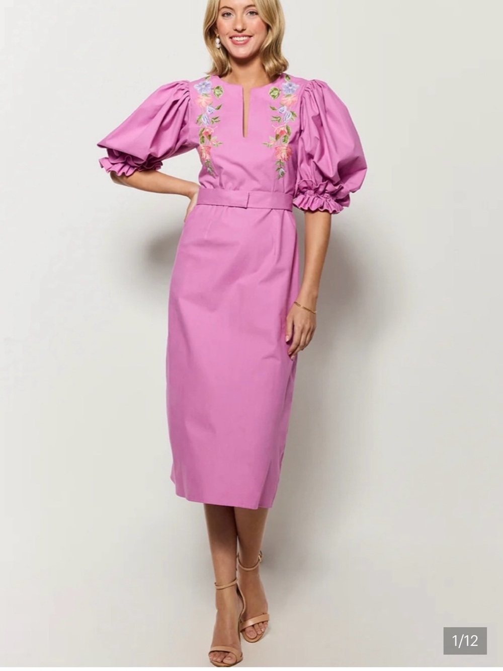 Fanm Mon New Cotton Women's Pink Puff-Sleeve Embroidered Midi Dress. Size S